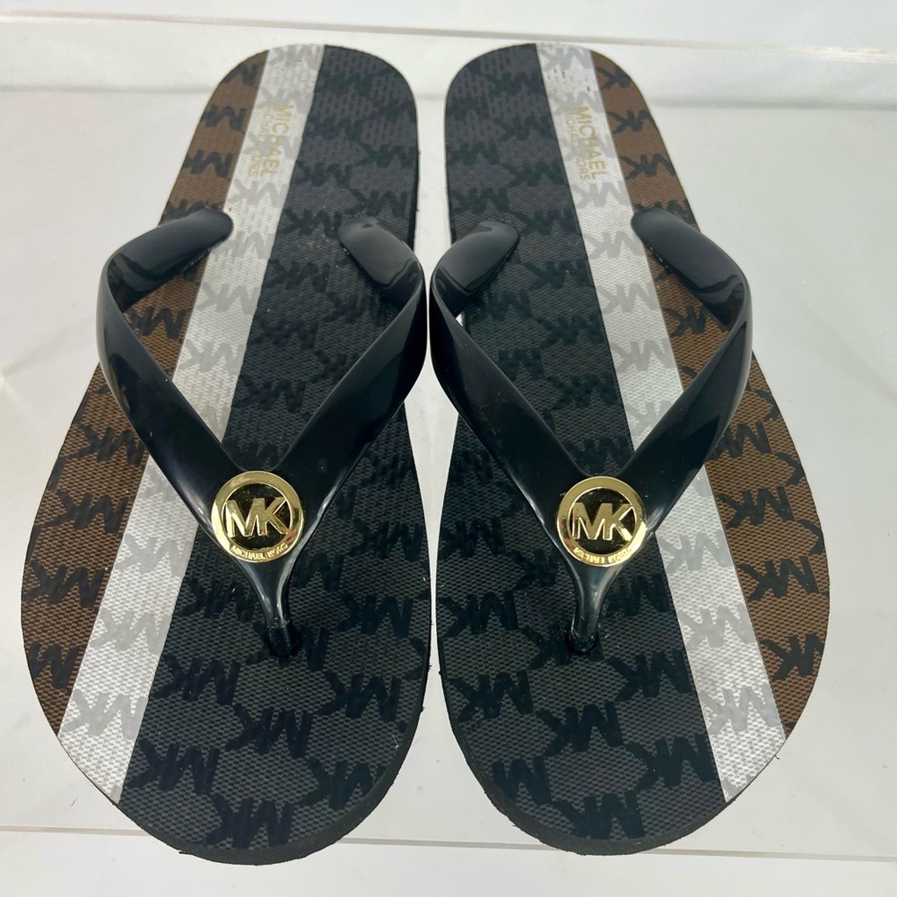 Michael By Michael Kors Women’s Size 9 Flip Flops Jet Set Style Black and Gold
